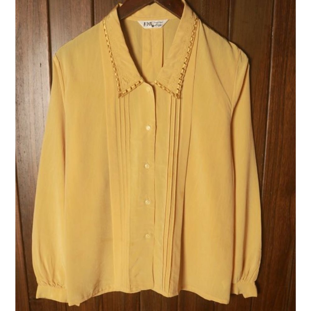 Vintage Mustard Yellow Hollow Embroidery Blouse